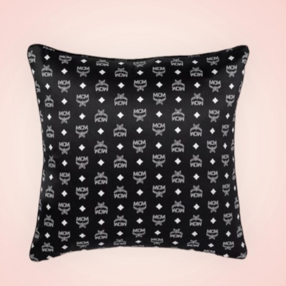 NWT MCM PILLOW Black and White Visetos Pattern SILK Quilted Throw Pillow